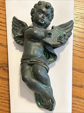 Antique-Style Cherub Wall Sculpture in Patinated Green